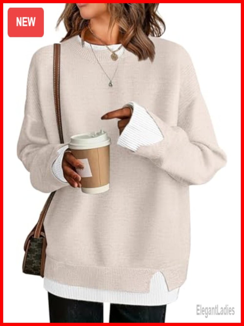 Womens Oversized Patchwork Sweater Crew Neck Long Sleeve Knit Pullover